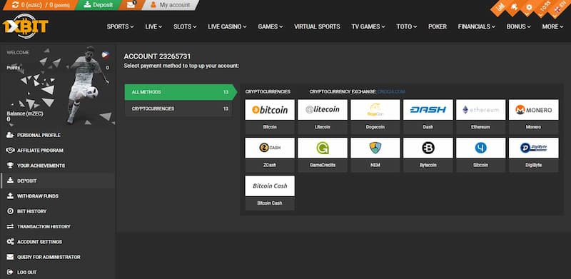 nạp tiền rút tiền tại 1XBIT